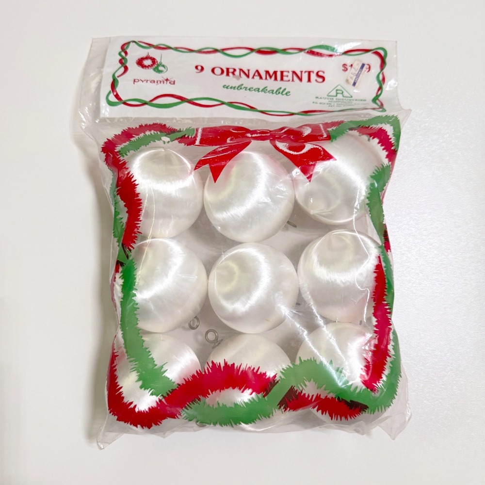 Pyramid Vintage Christmas Ornaments 9 Count White Satin Sheen Unbreakable Ball